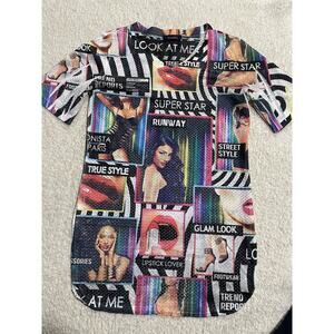 Y2K V Neck Mesh women's size S AOP comic model t-shirt rounded hem S/s Tmani